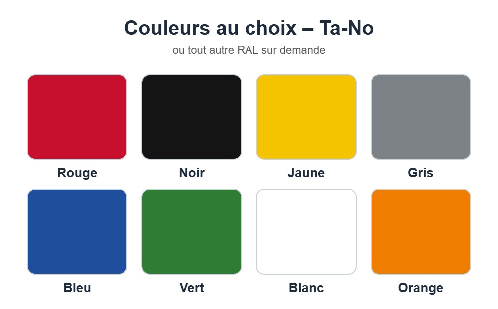 Nuancier des couleurs au choix Ta-No : rouge, noir, jaune, gris, bleu, vert, blanc, orange