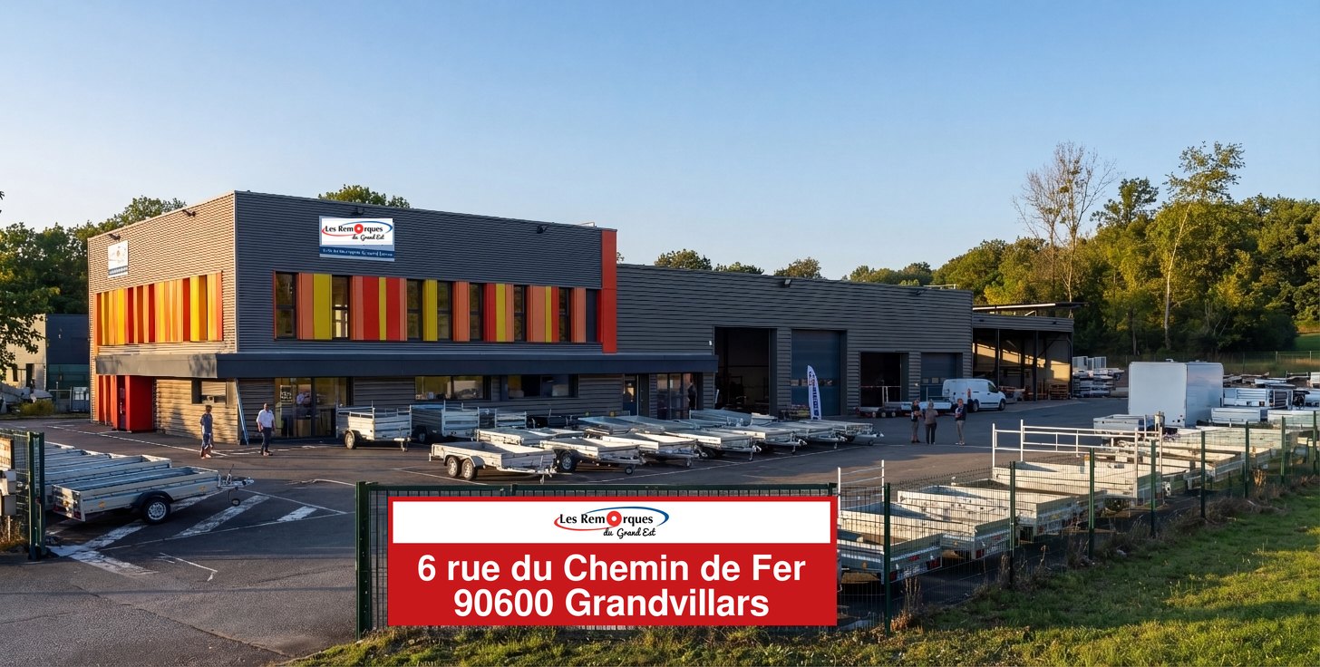 Le dépôt de Grandvillars : le bâtiment, les remorques exposées devant et la banderole avec l'adresse