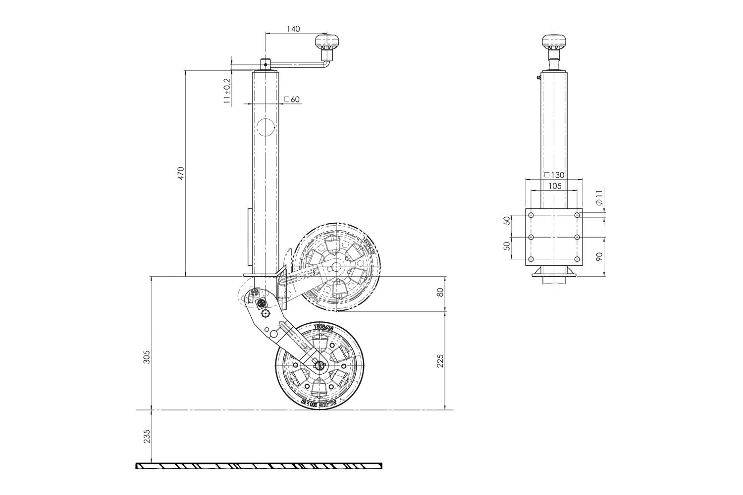 Roue jockey automatique AL-KO 1863497 avec poignée 400 kg, 60 mm, 775-1010 mm