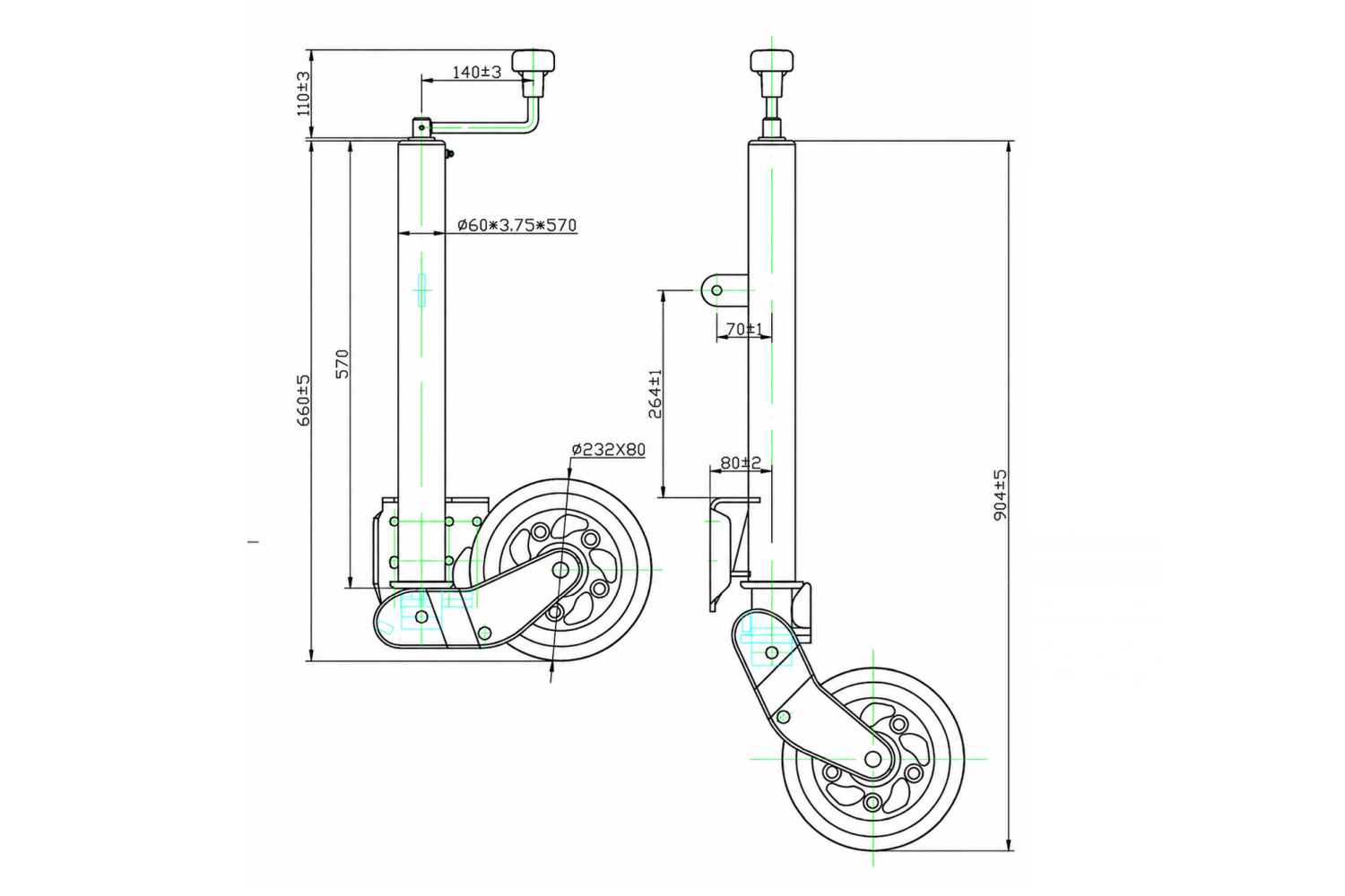 Roue jockey automatique avec poignée, 500 kg, 60 mm, 660-904 mm