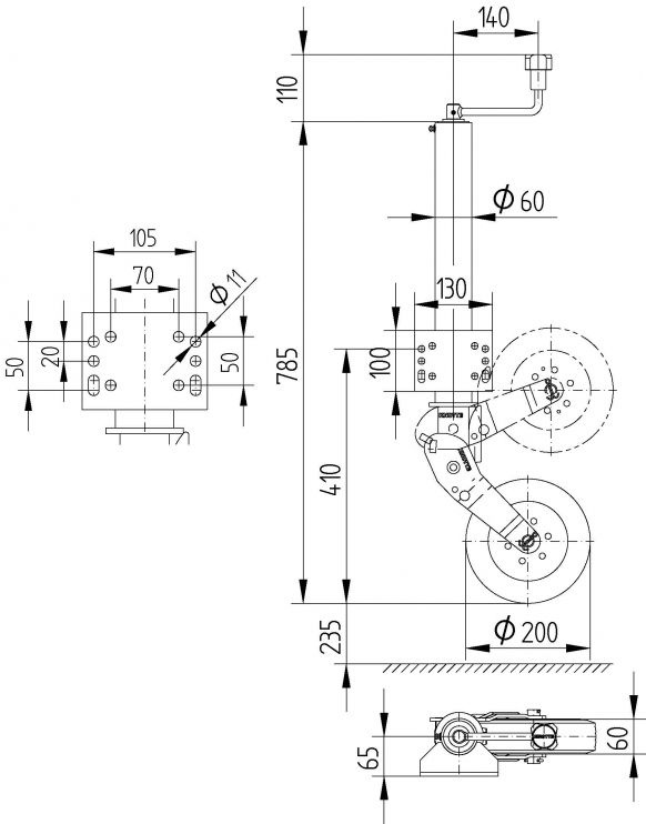 Roue jockey automatique KNOTT ATK60 avec poignée 250 kg, 60 mm, 785-1020 mm