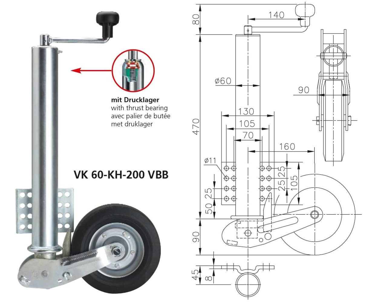 Roue jockey automatique WINTERHOFF VK60-KH-200VBB avec poignée, 250 kg, 60 mm, 560-1030 mm