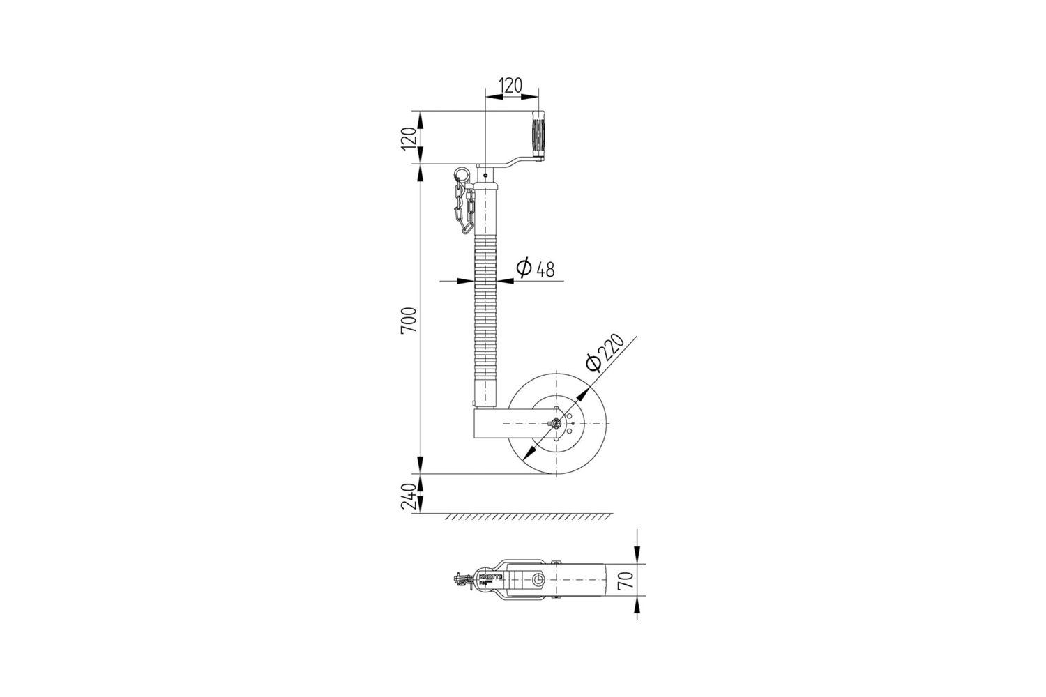 Roue jockey avec collier en fonte KNOTT TK48+B48C6, tube ondulé, 300 kg, 48 mm, 700-940 mm
