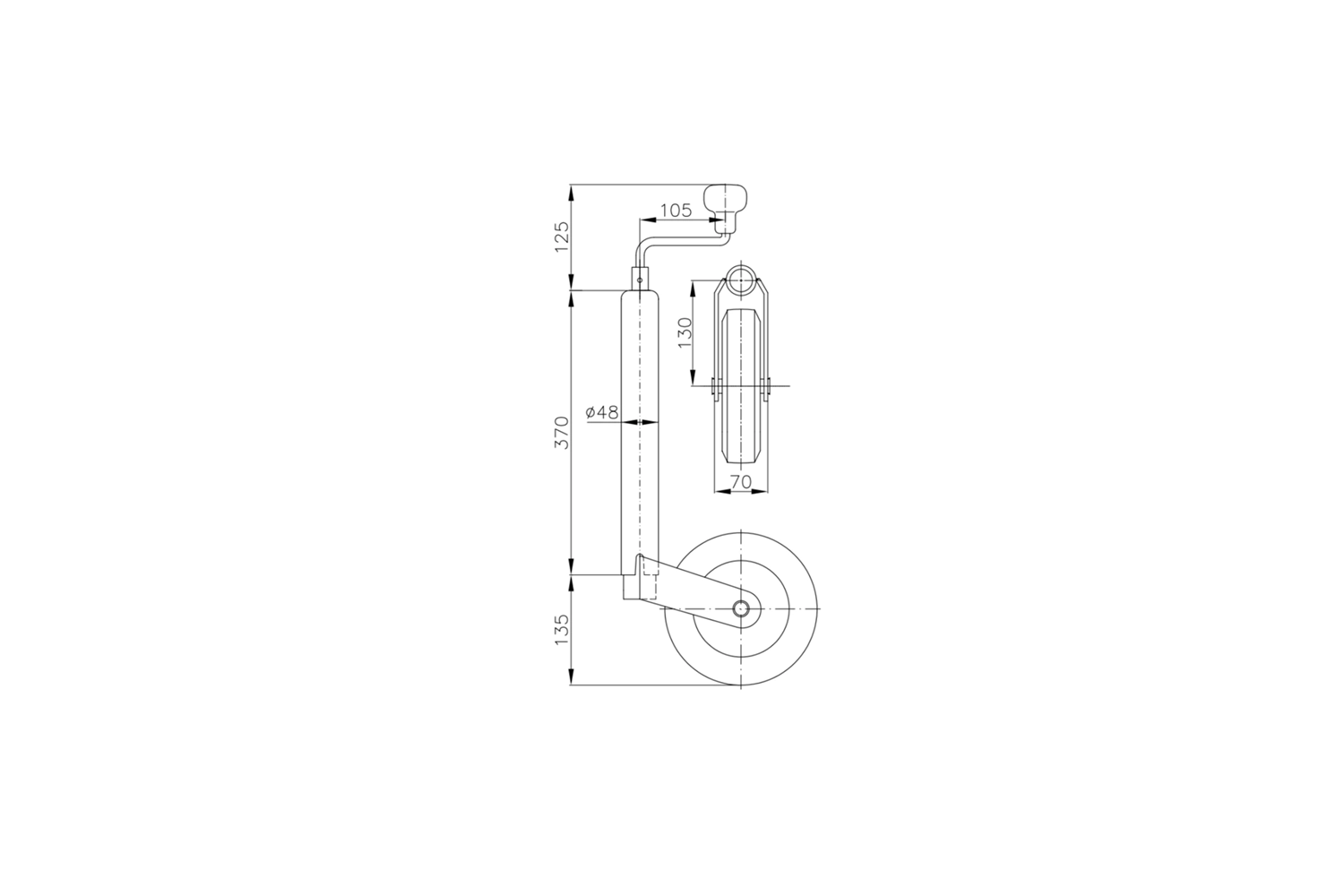 Roue jockey avec collier en fonte WINTERHOFF ST48-200V+KLE48-G, 150 kg, 48 mm, 505-725 mm