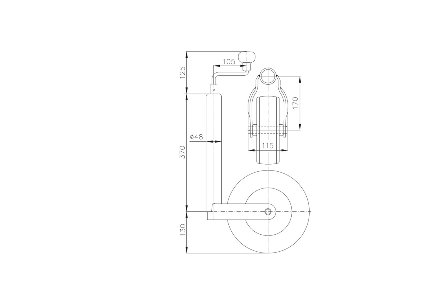 Roue jockey avec collier en fonte WINTERHOFF ST48-260LB+KLE48-G, 150 kg, 48 mm, 500-710 mm