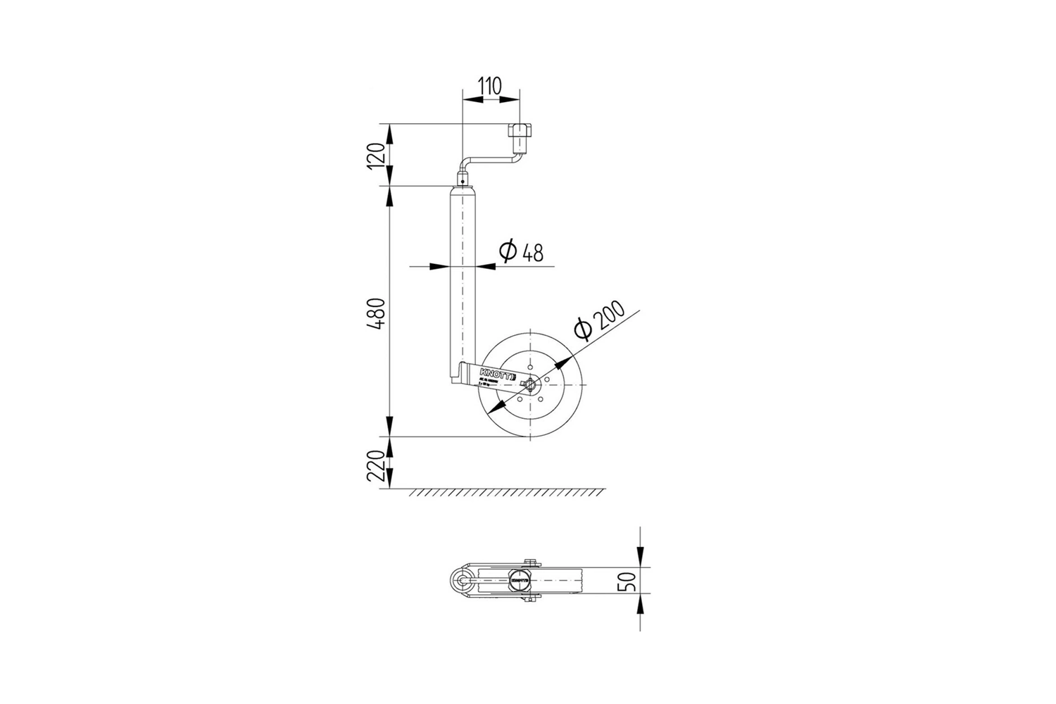 Roue jockey avec collier KNOTT TK48+LB48, 150 kg, 48 mm, 480-700 mm