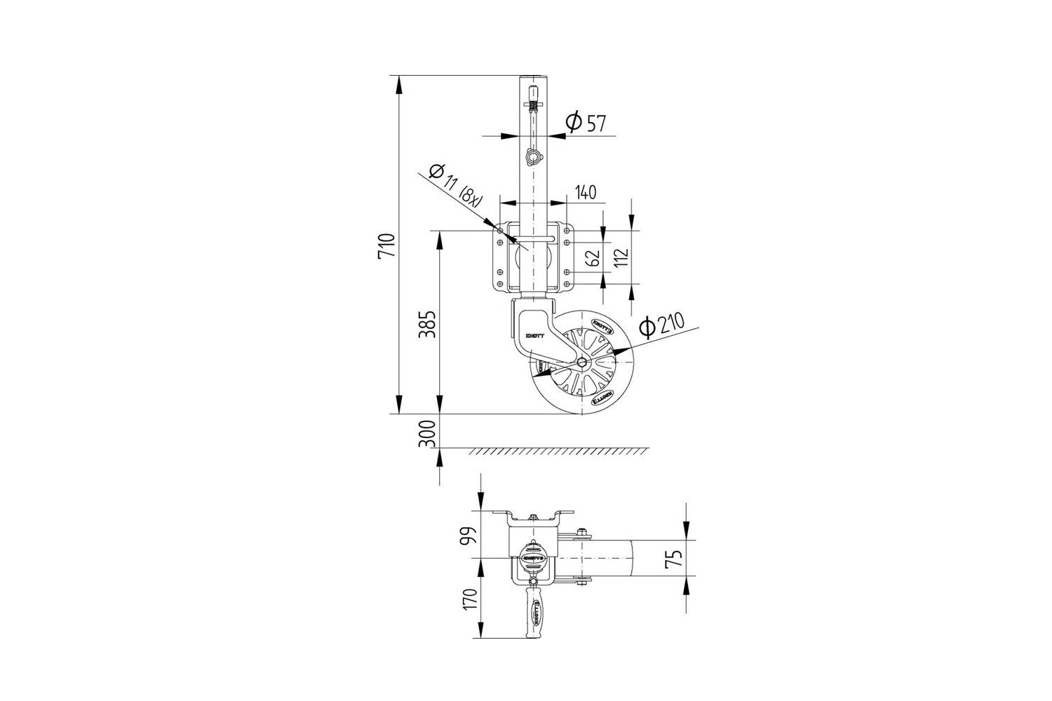 Roue jockey KNOTT TK57 avec poignée, 500 kg, 57 mm, 710-1010 mm