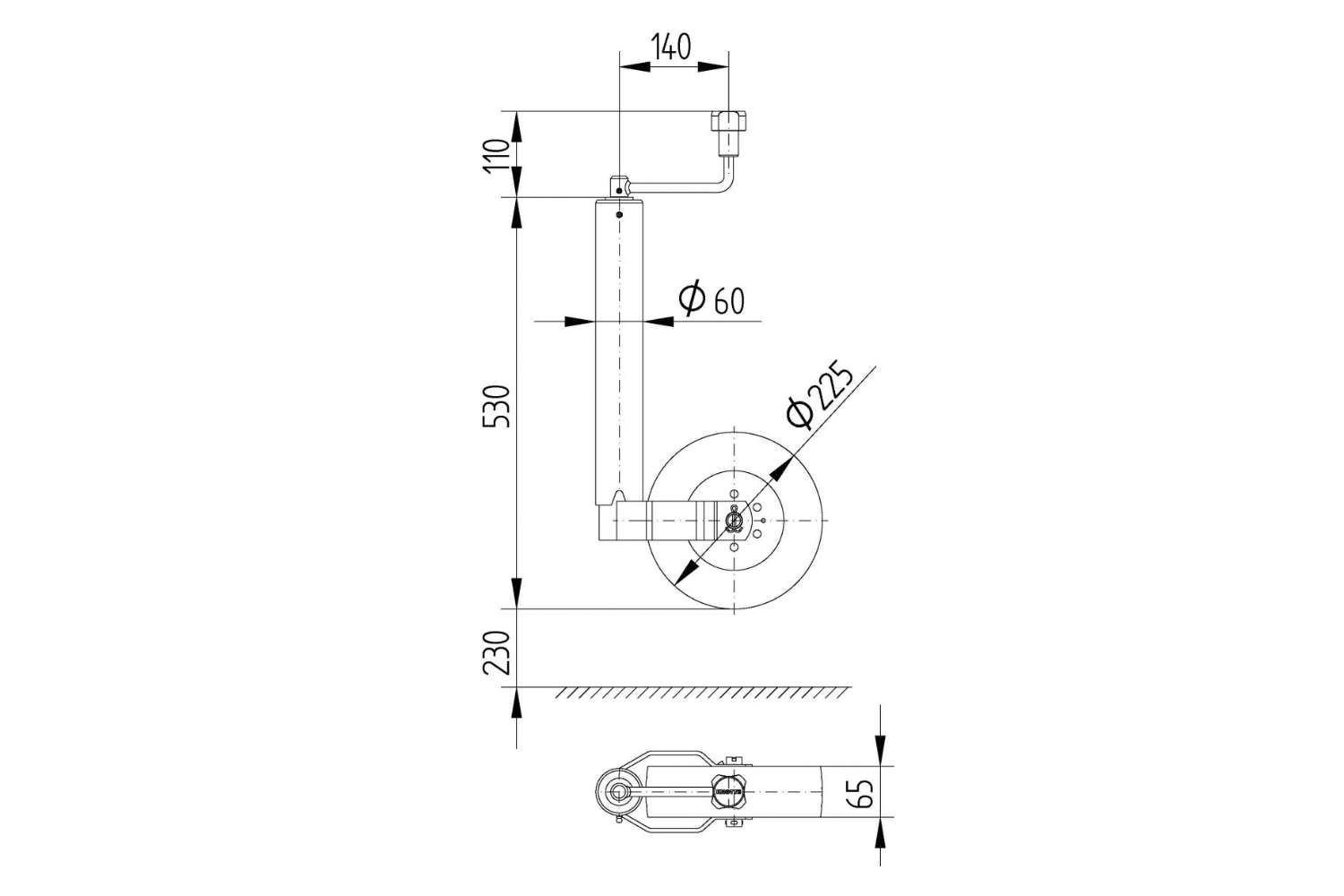 Roue jockey KNOTT TK60 250 kg, 60 mm, 530-760 mm