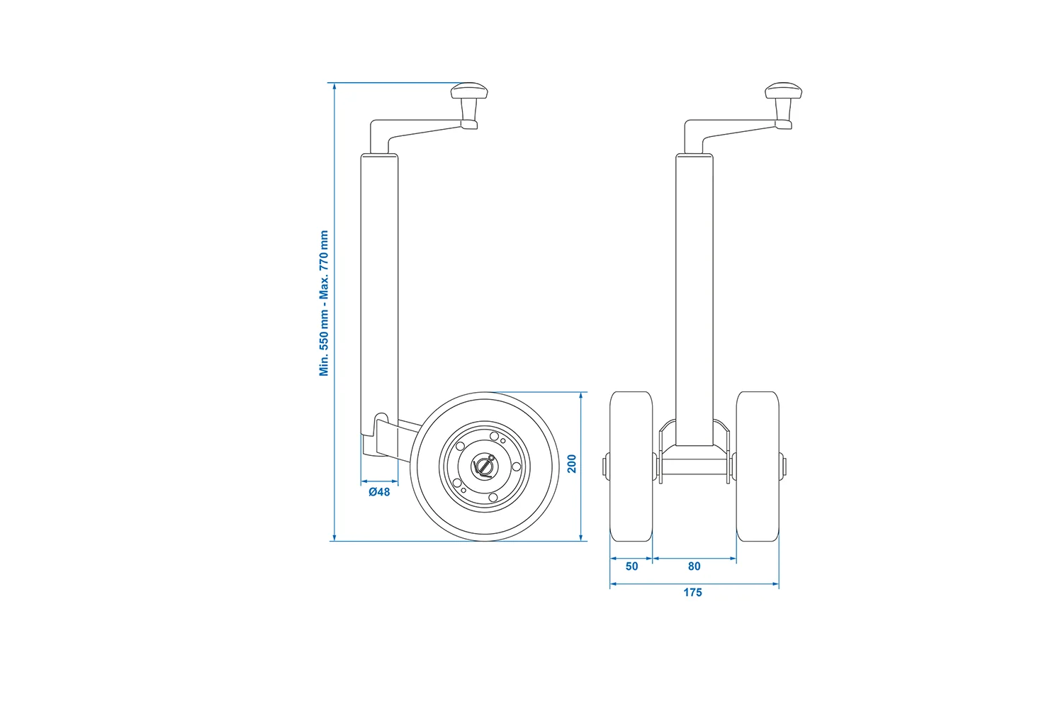 Roue jockey ProPlus 341508V02, 150 kg, 48 mm, 550-770 mm