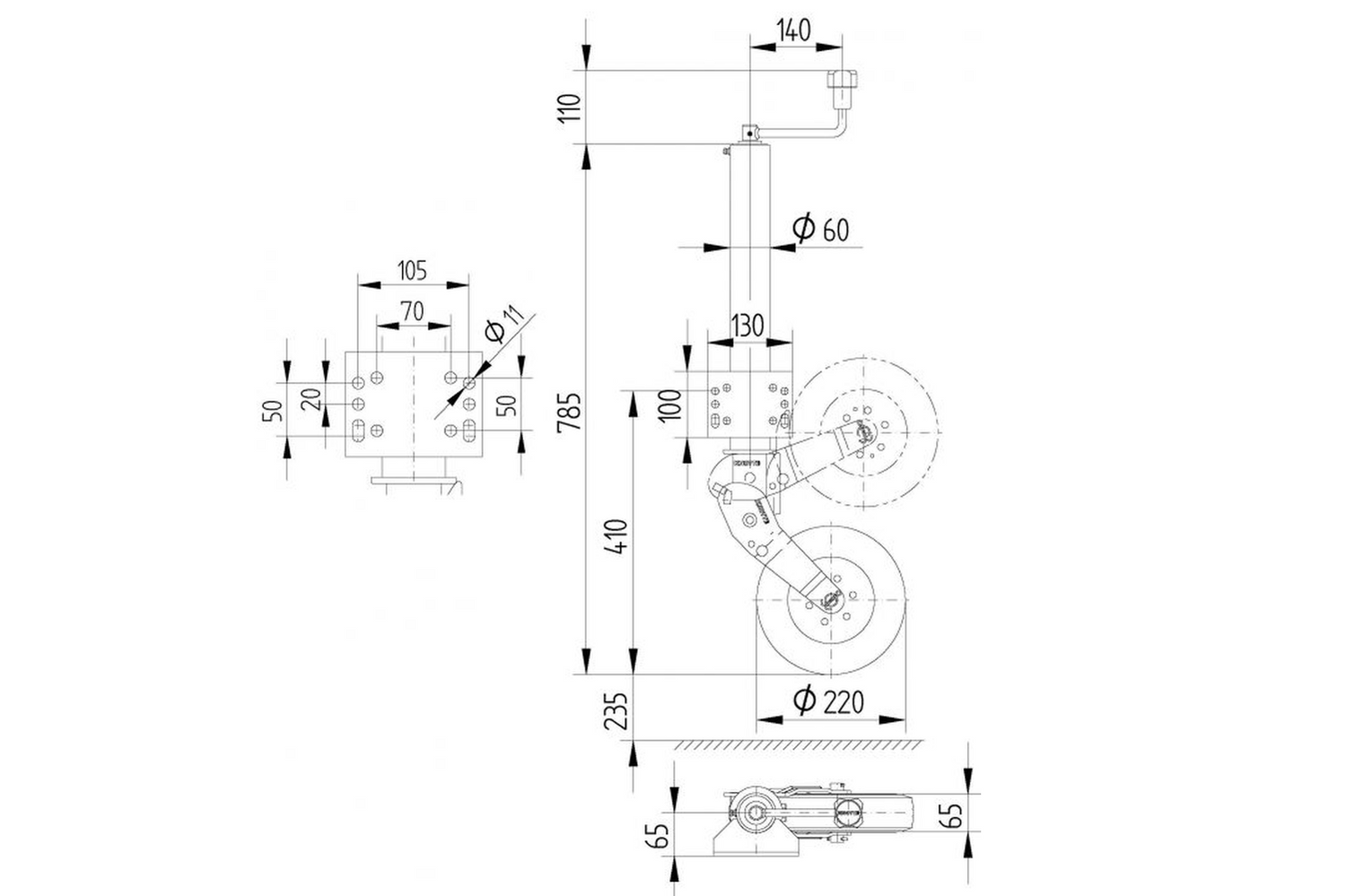 Roue jockey renforcée KNOTT ATK60 avec poignée 350 kg, 60 mm, 785-1020 mm