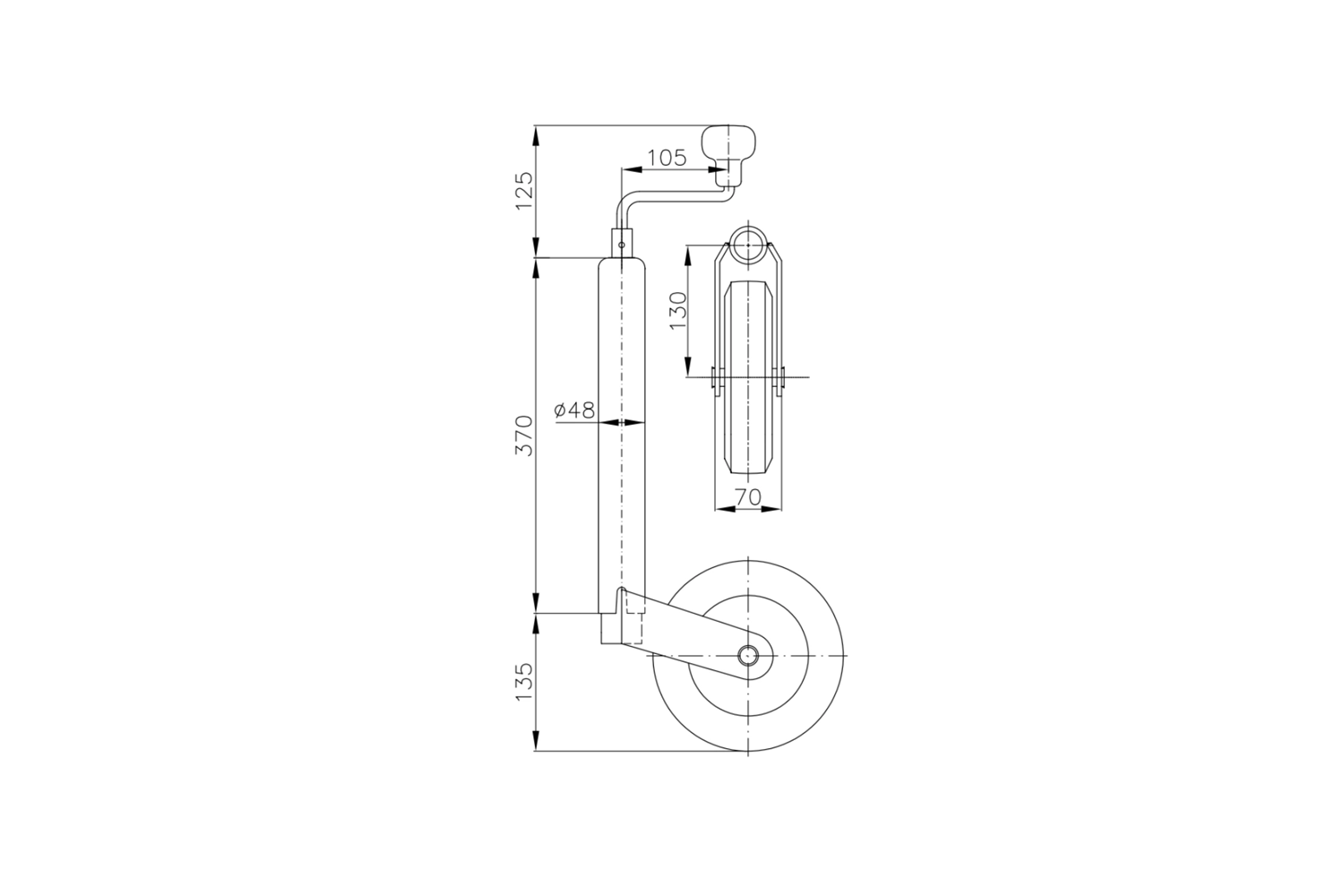 Roue jockey WINTERHOFF ST48-200V, 150 kg, 48 mm, 505-725 mm