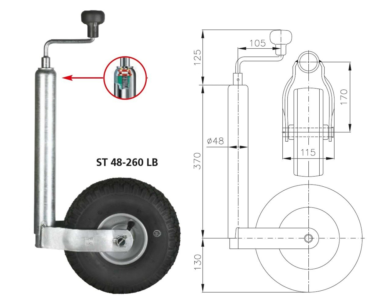 Roue jockey WINTERHOFF ST48-260LB 150 kg, 48 mm, 500-710 mm