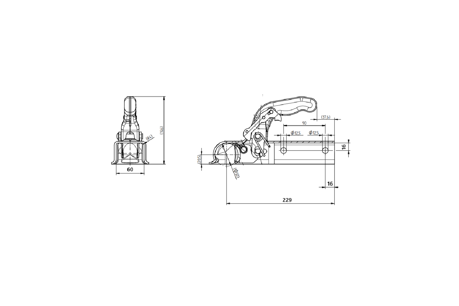 Tête d'attelage KNOTT KQ14-B – 1400 kg – timon carré 60 mm