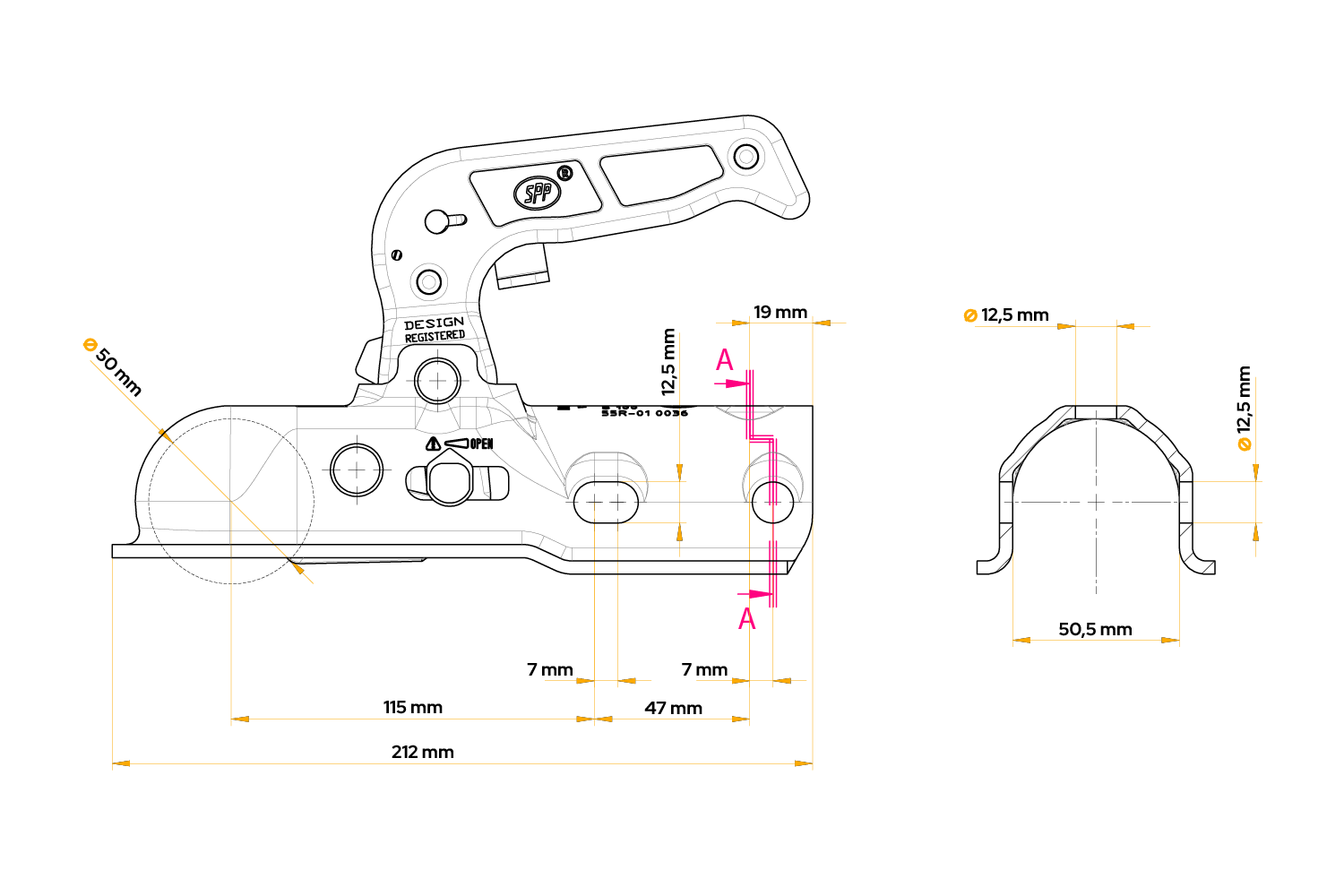 Tête d'attelage STEELPRESS BC-1200C – 1200 kg – timon rond Ø50 mm