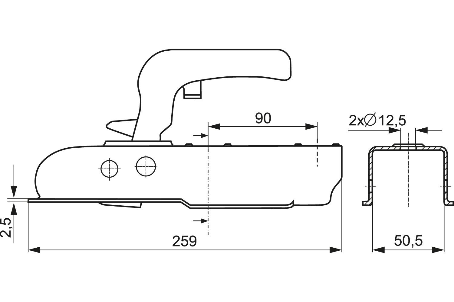 Tête d'attelage STEELPRESS ZSK-0750H – 750 kg – timon carré 50 mm