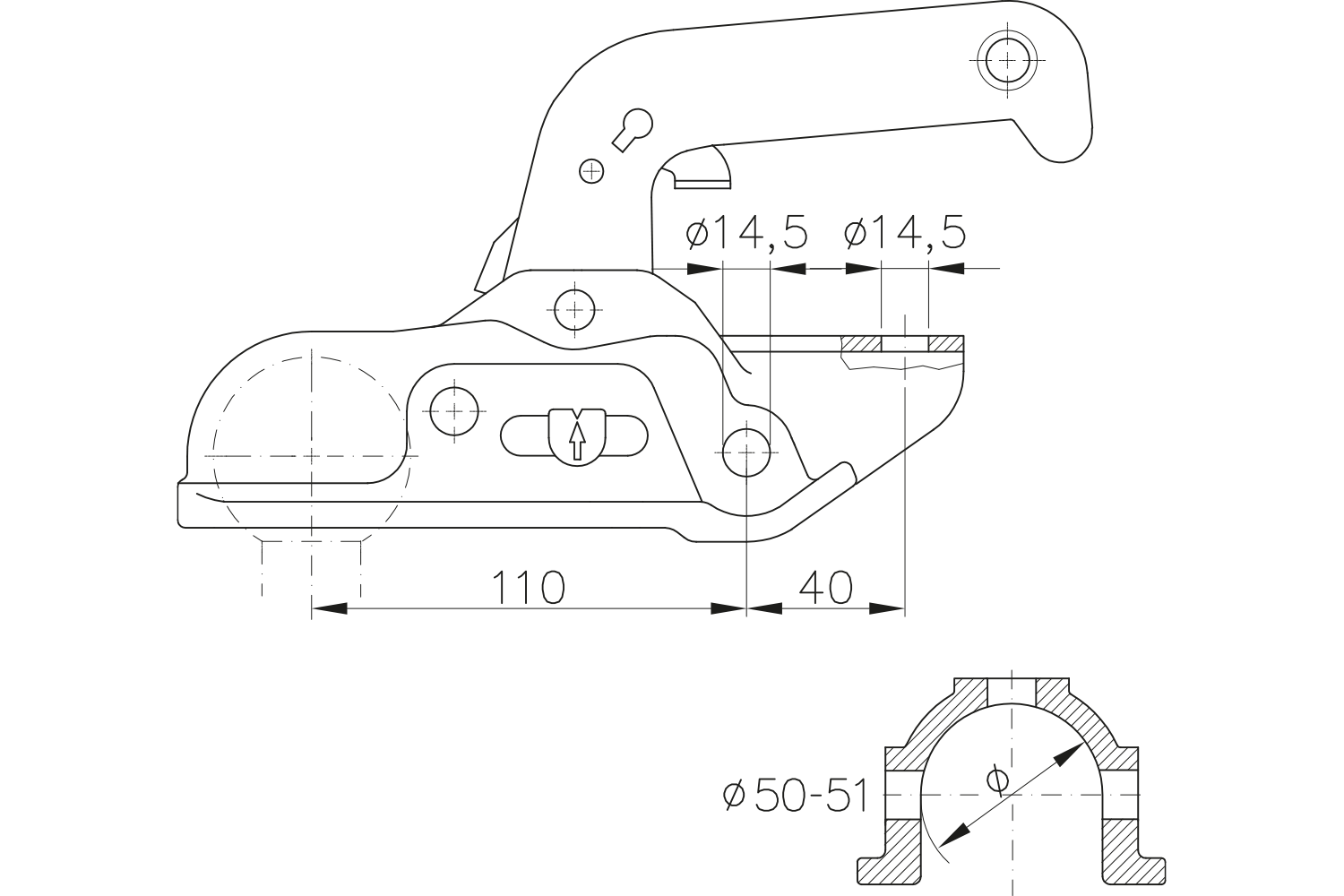 Tête d'attelage WINTERHOFF WW 30-D3-1414 – 3000 kg – timon rond Ø50-51 mm – fonte