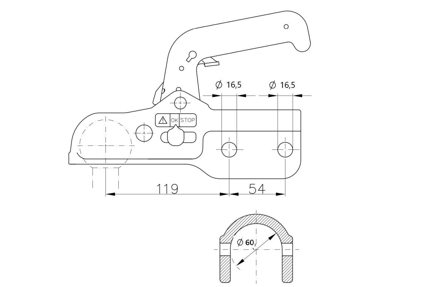 Tête d'attelage WINTERHOFF WW 350-RCH-1616 – 3500 kg – timon rond Ø60 mm – fonte