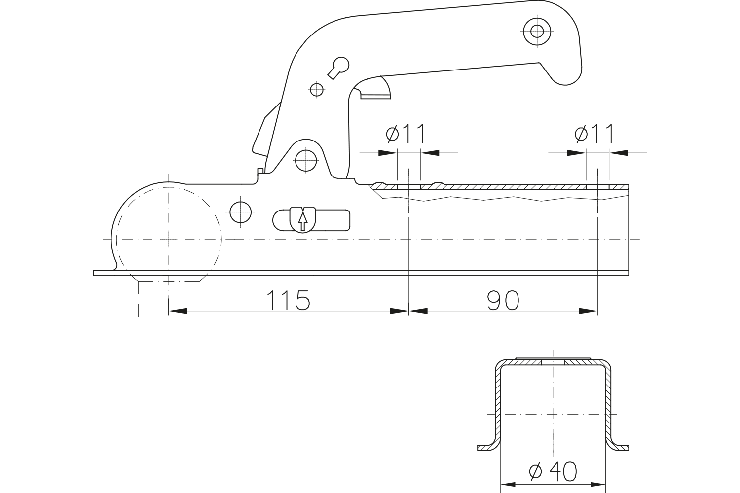 Tête d'attelage WINTERHOFF WW 8-D40 – 800 kg – timon carré 40 mm